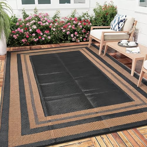Outdoor Rug 8x10 Waterproof Patio Rugs Modern Border Reversible Mat for Front Door Rv Foldable Plastic Straw Carpet for Travel Trailers, Deck, Picnic, Camper, Balcony, Beach，Black/Brown - color: Border3 - Black/Brown, size: 8' x 10' (Rectangular)