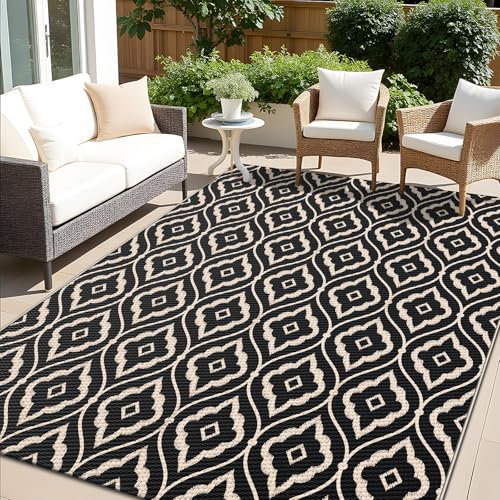 OLANLY Outdoor Rug 5x8 ft Waterproof, Outdoor Plastic Straw Rug with Geometric Pattern Clearance, Reversible RV Mat for Patio, Camping, Balcony, Deck, Backyard, Black & Beige - color: Black & Beige, size: 5' X 8' (Rectangular)
