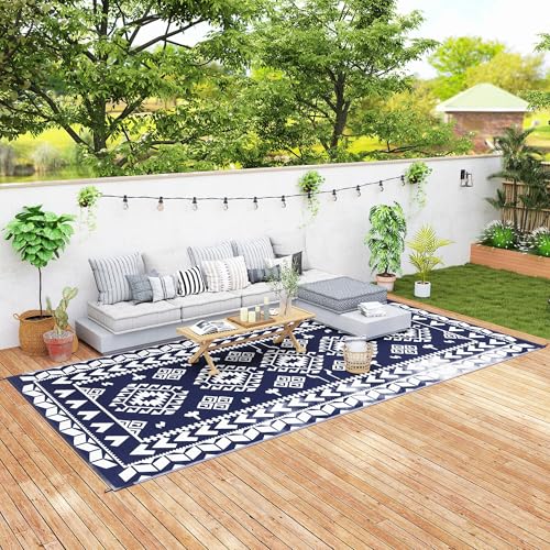 Outsunny Outdoor Rug for Patio, 9' x 18' Waterproof Large Mat, Reversible Plastic Straw Rug for Decor, Portable Outside RV Camping Area Carpet Mat for Backyard Porch Deck Picnic, Blue & White Rhombus - color: Blue and White Rhombus Patchwork, size: 8'11"
