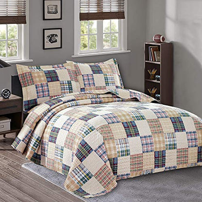 Plaid Collection King Size Quilt Set - Lightweight Reversible Bedspread with Pillow Shams, Beige - color: Beige Plaid, size: King