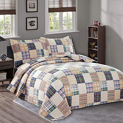Quilt Set Queen Size Plaid Bedspread Coverlet Queen Quilts Patchwork Bedding Mens Plaid Collection Quilt Bedspread Lightweight Reversible Quilt Bedding Set Queen Bedspread with Pillow Shams,Beige - color: Beige Plaid, size: Full/Queen
