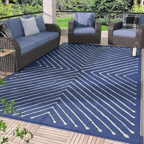 Garvee Striped 5x8 Outdoor Rug Waterproof Reversible Patio Mat, Portable Lightweight Plastic Straw Camping Rug for RV, Balcony, Backyard, Porch, Beach, Picnic, UV Protected & Easy Clean, Navy & White - color: Navywhite, size: 5' x 8' (Rectangular)