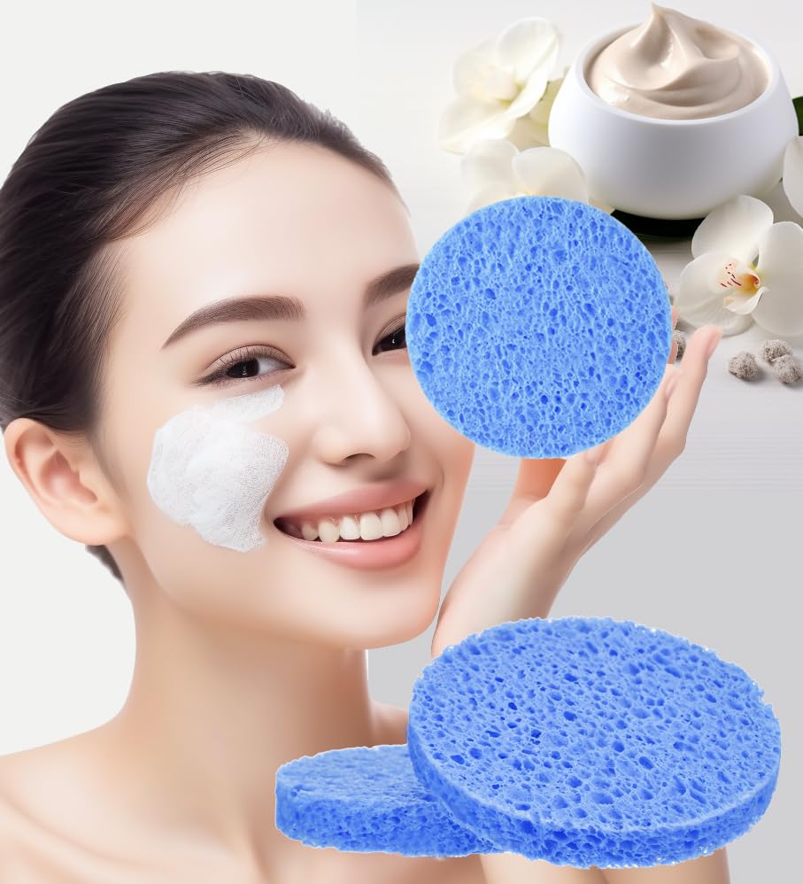 METUUTER 50 PCS Compressed Facial Sponges for Estheticians- 100% Natural Cellulose Face Sponge Professional Cosmetic Spa Sponges for Face Cleansing, Massage, Pore Exfoliating, Mask, Makeup Removal - color: Blue