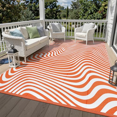 Vaukki Outdoor Patio Rug 6x9, Waterproof Woven Plastic Straw Camping Area Mat, Orange RV Striped Outside Reversible Carpet Clearance for Porch Backyard Deck Balcony - color: Wave-orange, size: 6' x 9' (Rectangular)