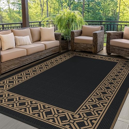 GENIMO Outdoor Rug Waterproof for Patio Decor, 6'x9' Foldable Reversible Plastic Straw Carpet, Outside Area Mat for Rv, Deck, Picnic, Porch, Camper, Balcony, Beach, Black Brown - color: Black & Light Brown, size: 6' x 9' (Rectangular)