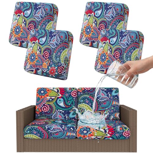 Smiry Waterproof Patio Cushion Covers, Stretch Outdoor Couch Slipcovers Replacement Washable Furniture Protector Sofa Chair Seat Cover for Dogs and Pets (4 Pcs, Blue Green) - color: Blue Green, size: 4PCS