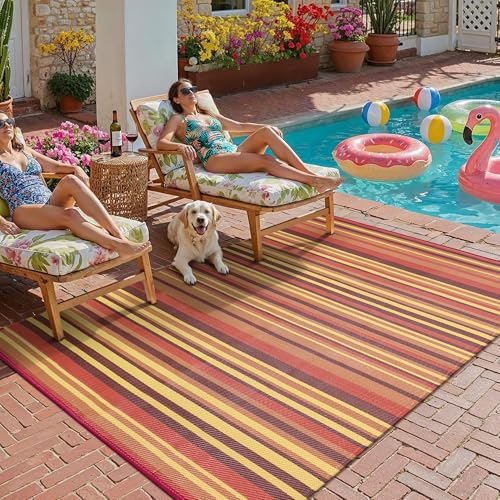 Outdoor Plastic Straw Rug Waterproof Patio 5x8 Red Orange Stripe Mat for Porch Camping RV Balcony Deck Courtyard Reversible Lightweight Durable Portable Carpet - color: Red/Orange, size: 5' x 8' (Rectangular)