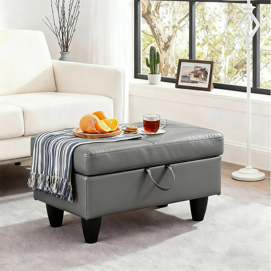 Leather Storage Ottoman Footstool Bench for Living Room Furniture,28.5" Large Square Foot Rest Stool Coffee Table,Leather Sofa Chair for Home Decor,Living Room,Bedroom,Apartment,Rv Car(Grey) - color: Grey 28.5