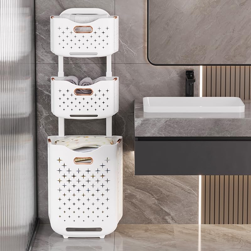 Collapsible Laundry Basket Organizer, 3-Tier Foldable Laundry Sorter with Wheels & Wall Mount, Space-Saving Slim Laundry Hamper with Removable Bins,100L Capacity for Bathroom, Dorm & Small Spaces - size: 3-Tier