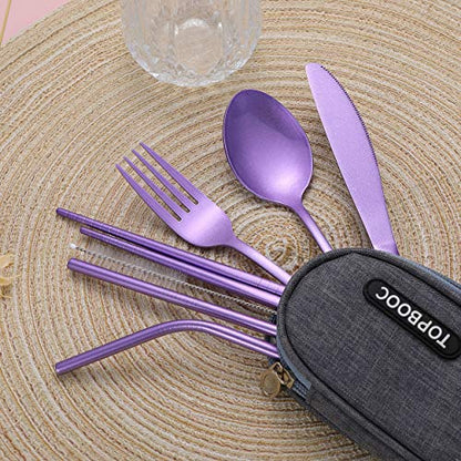 Portable Stainless Steel Flatware Set, Travel Camping Cutlery Set, Portable Utensil Travel Silverware Dinnerware Set with a Waterproof Case (Light Purple) - color: Light Purple