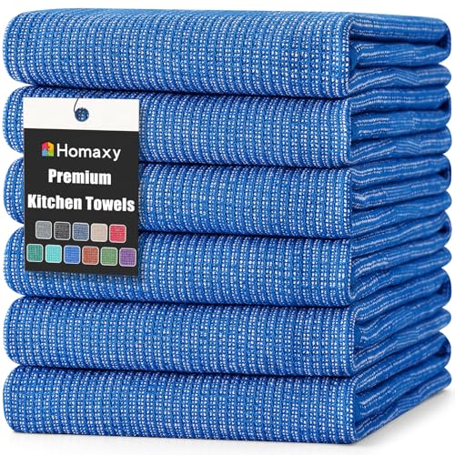 Homaxy Premium Kitchen Towels(18”x 28”, 6 Pack), Large Cotton Kitchen Hand Towels, Flat and Terry Dish Towels, 380 GSM Highly Absorbent Tea Towel Set with Hanging Loop, Blueberry - color: Blueberry, style: 6-pack