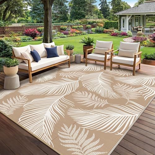 Pauwer Waterproof Outdoor Rug 8x10, Reversible Plastic Straw Patio Camping Rug, Indoor Outdoor RV Mat Carpet for Deck, Camper, Porch, Balcony, Backyard, Picnic, Leaf Brown - color: Leaf Brown, size: 8' x 10' (Rectangular)