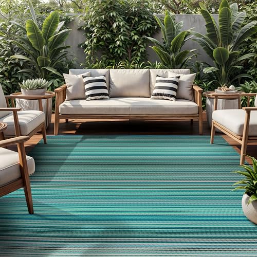 Rugshop Contemporary Stripe Reversible Crease-Free Waterproof Premium Recycled Plastic Outdoor Rugs for Patio,Backyard,RV,Deck,Picnic,Trailer,Beach,Camping Blue 7'10" x 10' - size: 7'10" x 10' (Rectangular)