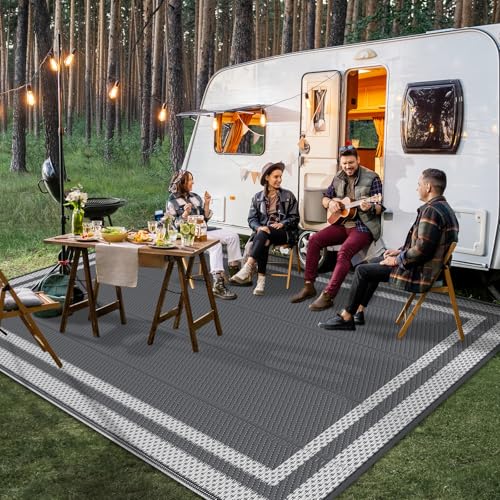 HappyTrends,Outdoor Rug,Patio Rug,Reversible Portable Plastic Straw Rug,Camping Rugs for Outside RV,Large Waterproof Area Rugs for Patio,Deck,Picnic,Porch,Balcony(6'x 9',White&Gray) - size: 6' x 9' (Rectangular)