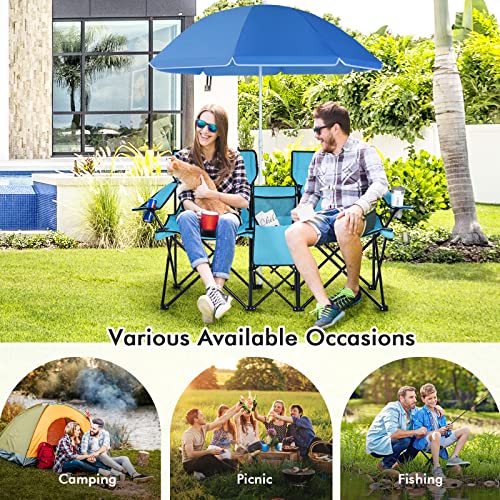 Goplus Double Camping Chair with Umbrella, Folding Loveseat Chairs w/Canopy Shade, Carrying Bag, Table, Cup Holder, Portable Beach Chairs Outdoor Picnic Patio (Turquoise) - color: Turquoise