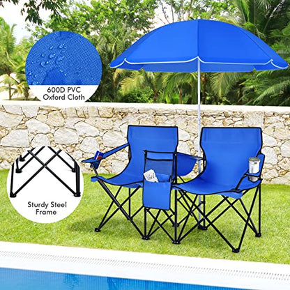 Goplus Double Camping Chair with Umbrella, Folding Loveseat Chairs w/Canopy Shade, Carrying Bag, Table, Cup Holder, Portable Beach Chairs Outdoor Picnic Patio (Blue) - color: Blue