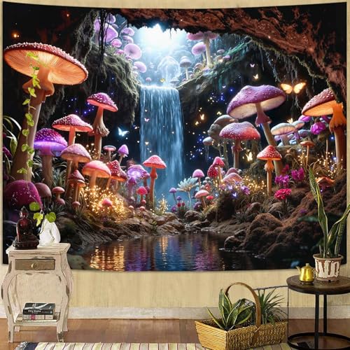 Zussun Fantasy Mushroom Waterfull Tapestry Fairy Butterfly Cave Wall Tapestry for Bedroom Aesthetic Nature Magic Floral Small Tapestries Wall Hanging for Dorm Living Room Decor 48 x 36 Inch - color: Cold Red, size: 48"L x 36"W