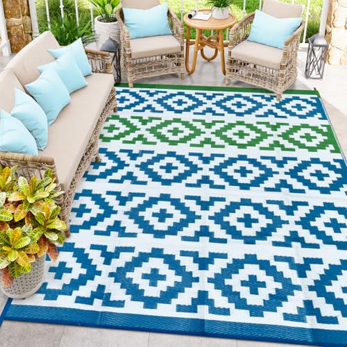 Anidaroel Camping Rug for Outside RV, 8x10 Waterproof Outdoor Rug for Patio Clearance, Reversible Plastic Straw Outside Area Rug for Deck, Camper, Backyard, Picnic(Blue&Green, 8‘x10') - color: Blue&green, size: 8' x 10' (Rectangular)