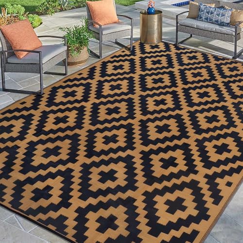 SAND MINE Reversible Mats, Plastic Straw Rug, Modern Area Rug, Large Floor Mat and Rug for Outdoors, RV, Patio, Backyard, Deck, Picnic, Beach, Trailer, Camping, Black & Brown, 9' x 12' - color: Black & Brown, size: 9' x 12'
