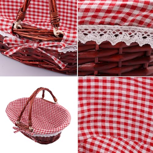 GNIEMCKIN 2 Pack 12.6 Inch Wicker Basket with Handle, Wicker Picnic Baskets with Red Checkered Liner, Oval Willow Woven Basket for Fruit, Wine, Wedding, Picnic(Brown Color) - size: 2 Pack 12.6 Inch Brown