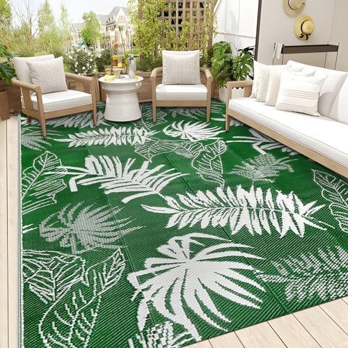 Falflor Waterproof Outdoor Rug 9x12 for Patios Reversible Plastic Straw Rug Patio Rug Indoor Outdoor Rugs Large Area Rug Carpet for RV Camping Backyard Deck Picnic Balcony Beach - color: Green, size: 9' x 12' (Rectangular)
