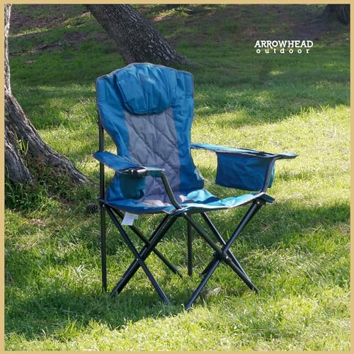 ARROWHEAD OUTDOOR Portable Deluxe Folding Camp Quad Chair w/Headrest, Glass & Cup Holders, Armest 6-can Cooler, Heavy Duty Carry Bag, 550 lbs Weight Capacity - color: Blue