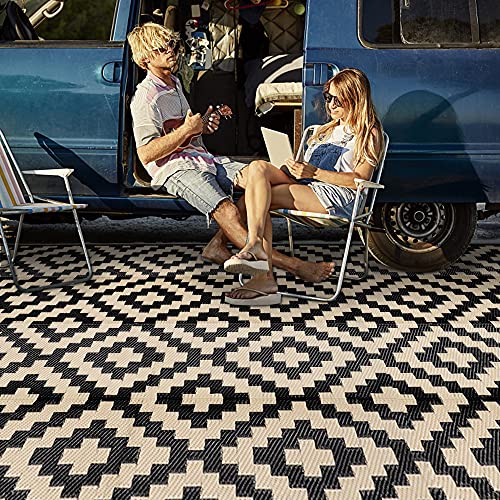 SAND MINE Waterproof Outdoor Rug 9x18 ft, Plastic Reversible Rug, Modern Area Rug, Large Floor Mat for Outdoors, RV, Patio, Backyard, Deck, Picnic, Beach, Camping, Black & Beige - color: Black & Beige, size: 9' x 18'