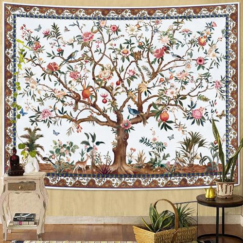 Faxdong Boho Tree of LIfe Tapestry, Vintage Flower Leaves Birds Plant Animal Pattern Tapestries, Retro Indian Bohemian Aesthetic Wall Hanging White 60×80 inch - color: White, size: 80"L x 60"W
