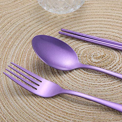 Portable Stainless Steel Flatware Set, Travel Camping Cutlery Set, Portable Utensil Travel Silverware Dinnerware Set with a Waterproof Case (Light Purple) - color: Light Purple