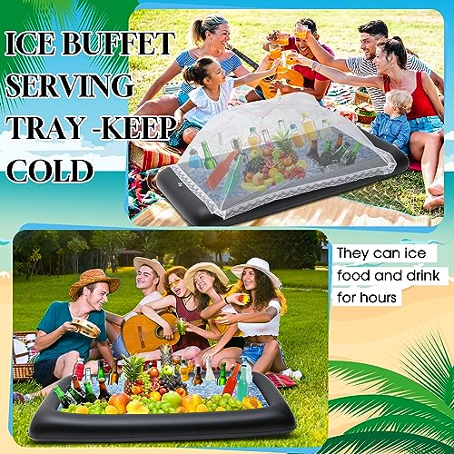 Leitee 5 Pcs Inflatable Serving Bar Kit Includes Salad Buffet Tray with Drain Plug Mesh Food Cover Food Drink Containers and Inflator for Ice Supplies Summer Party Camping Picnic(Black) - color: Black