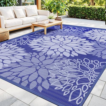Mattitude Outdoor Rug 6' x 9' Waterproof, Reversible Portable Plastic Straw Area Rugs, Patio Carpet for RV Camping, Porch, Deck, Backyard, Camper, Pool, Picnic, Blue & White - size: 6' x 9' (Rectangular)