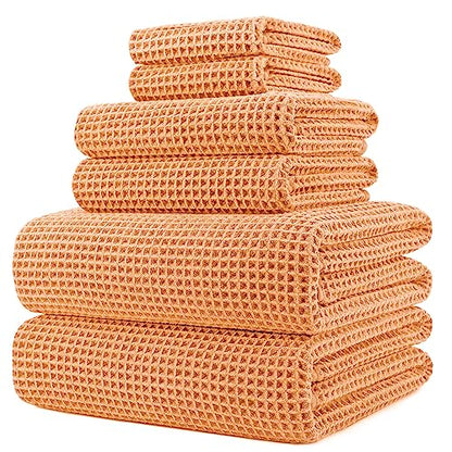 POLYTE 430 GSM Microfiber Quick Dry Lint Free Oversize Bath Towel Set, 6 Piece (Waffle Weave) - color: Orange