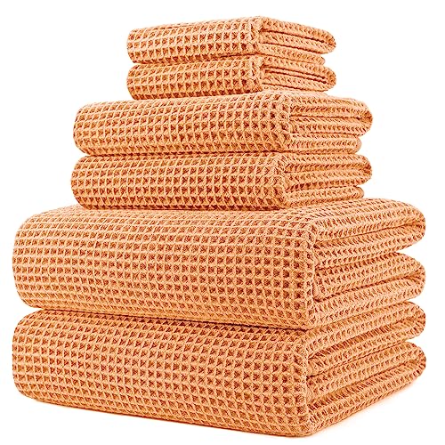 POLYTE 430 GSM Microfiber Quick Dry Lint Free Oversize Bath Towel Set, 6 Piece (Waffle Weave) - color: Orange