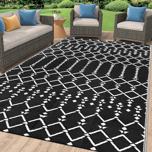 Smiry Outdoor Rug 9x12 ft, Waterproof Reversible Plastic Straw Rugs, Boho Outdoor Area Rug, Outside Floor Mat for Patio, Backyard, Deck, Picnic, Beach, Camping, Black - color: Black, size: 9' X 12' (Rectangular)