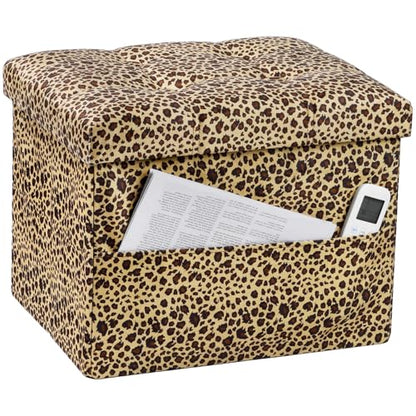 Bsketa Storage Ottoman Foot Rest Stool, Small Velvet Storage Ottomans Bench, Folding Footstool with Side Pockets, Foot Rest Under Desk for Living Room Bedroom, 17x13x13 in, Leopard Print - color: Leopard Print-with Side Pockets