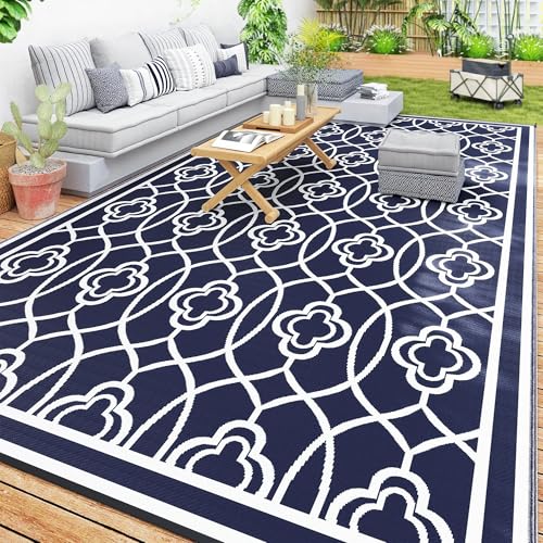 Outsunny Outdoor Rug for Patio, 9' x 18' Waterproof Large Mat, Reversible Plastic Straw Rug for Decor, Portable Outside RV Camping Area Carpet Mat for Backyard Porch Deck Picnic, Blue & White Lantern - color: Blue and White Lantern, size: 8'11" x 17'11" (