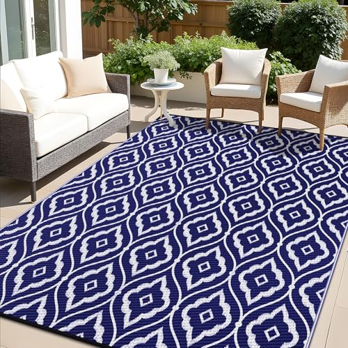 OLANLY Outdoor Rug 5x8 ft Waterproof, Outdoor Plastic Straw Rug with Geometric Pattern Clearance, Reversible RV Mat for Patio, Camping, Balcony, Deck, Backyard, Navy & White - color: Navy Blue & White, size: 5' X 8' (Rectangular)
