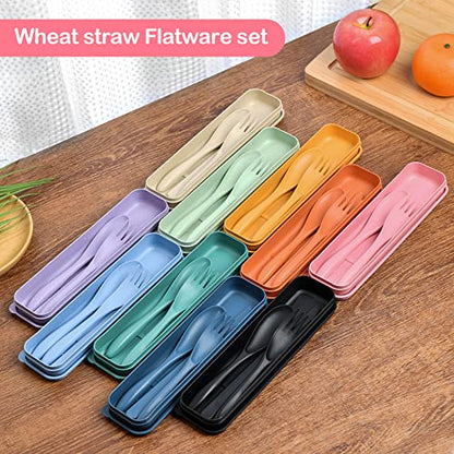 Reusable Travel Utensils Set with Case, 3 Sets Wheat Straw Portable Knife Fork Spoons Cutlery, Eco-Friendly BPA Free Plastic Tableware for Kids Adults Travel Picnic Camping Utensils - color: 3 Sets - Beige, Pink, Black
