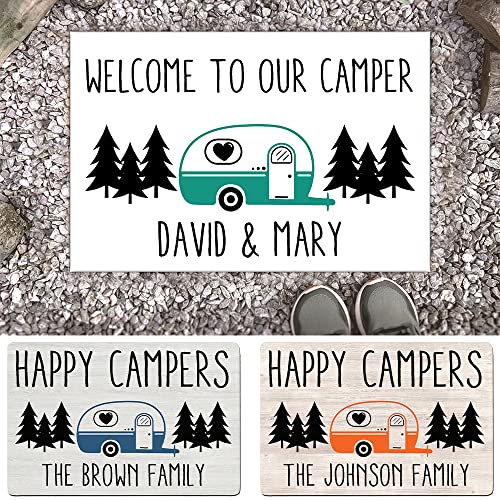 Personalized Happy Camper Doormat Camping - Custom Family Name and Rv Color Camping Door Mat, RV Accessories for Inside Outside, Funny Campsite Decorations for Travel Trailers, 16 x 24 inches - color: Style 9