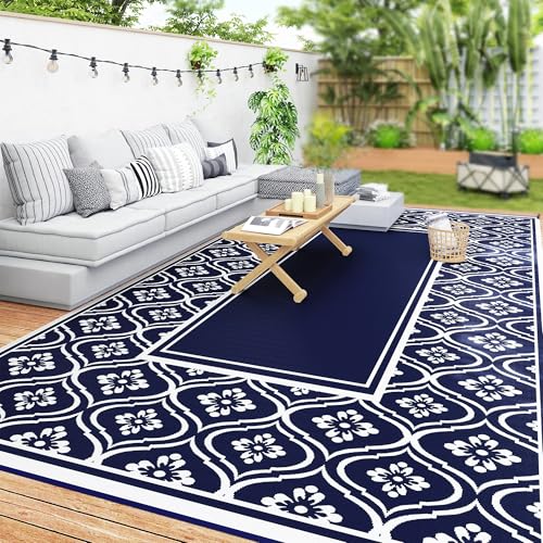 Outsunny Outdoor Rug for Patio, 9' x 18' Waterproof Large Mat, Reversible Plastic Straw Rug for Decor, Portable Outside RV Camping Area Carpet Mat for Backyard Porch Deck Picnic, Blue & White Gourd - color: Blue and White Gourd Border, size: 8'11" x 17'11