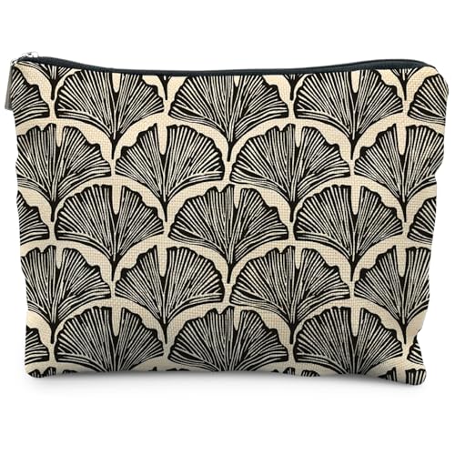 Abstract Black and Beige Makeup Bag, Art Deco Feather Palm Botanical Cosmetic Bags for Women, Mid Century Modern Art Zipper Makeup Pouch - color: Ginkgo biloba leaves