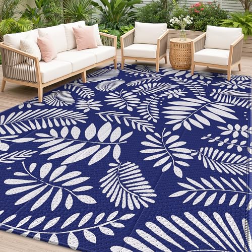 StepRite Outdoor Rug, Patio Rug, Plastic Straw Camping Rugs, Large Waterproof Area Rug and Mat for Outdoors, RV, Patio, Backyard, Deck, Porch, Beach, Balcony, (5'x 8', White & Blue) - color: Blue, size: 5' x 8' (Rectangular)