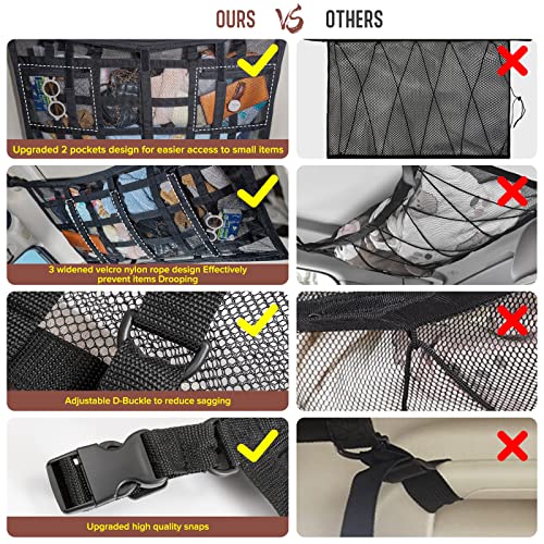 Car Ceiling Cargo Net Pocket Storage Net,29.5"x19.7" Adjustable D-Buckle to Reduce Sagging Roof Storage Organizer,Double-Layer Mesh SUV for SUVs,Road Trips,Car Camping Essentials