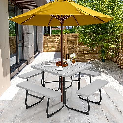 Tangkula 8 Person Picnic Table, Outdoor Square Picnic Table with 4 Built-in Benches, Umbrella Hole, Metal Frame & HDPE Tabletop, Outside Table and Bench Set for Backyard, 2300lbs Weight Capacity - color: Grey
