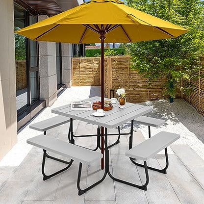 Tangkula 8 Person Picnic Table, Outdoor Square Picnic Table with 4 Built-in Benches, Umbrella Hole, Metal Frame & HDPE Tabletop, Outside Table and Bench Set for Backyard, 2300lbs Weight Capacity - color: Grey