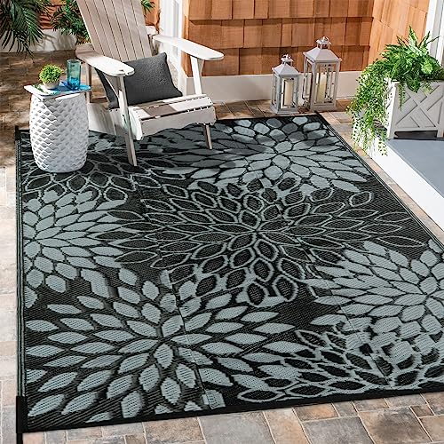 Anidaroel Outdoor Rugs 5x8ft for Patios Clearance Waterproof, Reversible Tropical Plastic Straw Camping Mat Outside Rug, Large Outdoor Area Rug for RV, Porch, Deck, Balcony, Picnic(5'x8') - color: Black/Grey Floral, size: 5' x 8' (Rectangular)