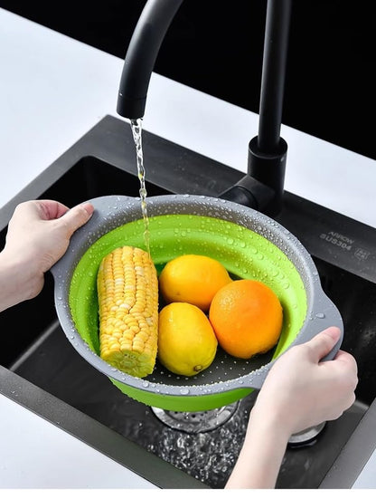 2pcs Collapsible Colander, Round Green Set Folding Silicone strainers for Kitchen, Collapsible Funnel Suitable for Draining Pasta, Vegetables and Fruits, Small