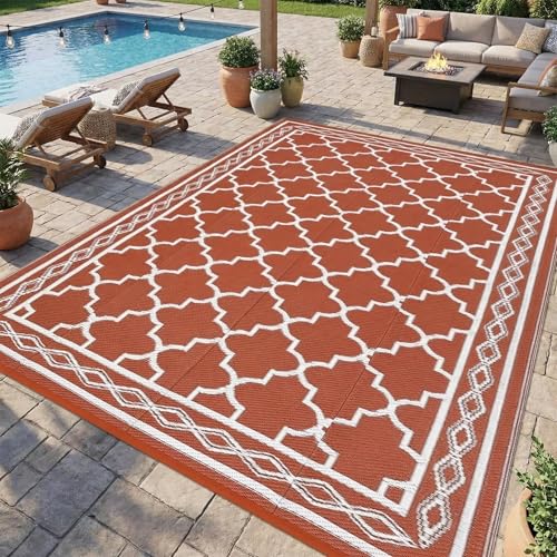 GarveeLife Outdoor Rug 9x12 Outdoor Rug for Patios Clearance,Waterproof Mat,Large Outside Carpet,Reversible Plastic Straw Camping Rugs,Rv,Porch,Deck,Camper,Balcony,Backyard, Orange/White - color: Orange/White, size: 9' x 12' (Rectangular)
