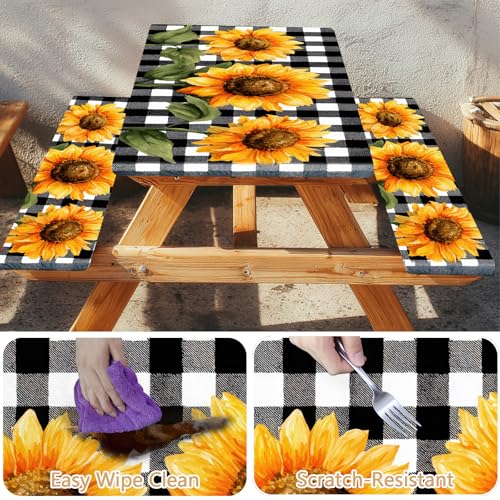 Picnic Table Cover with Bench Covers Elastic Edges, Outdoor Patio Camping Essentials 72 Inch 3PCS, Waterproof Camping Fitted Tablecloth with Handbags (Sunflower buffalo plaid) - color: Black checkered sunflowers, size: 72" x 30" (Rectangular)