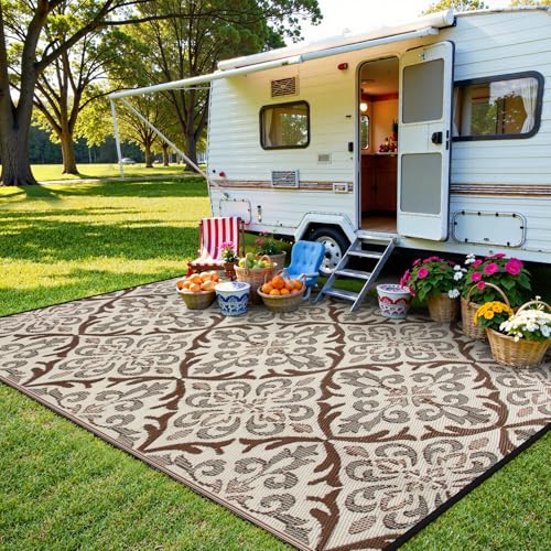 Lahome Outdoor Area Rugs 8x10 Patio Waterproof, Reversible Plastic Straw Rv Outdoor Rugs for Camping, Large Indoor Outdoor Carpet for Porch Deck Backyard Camper Picnic, Khaki 8'x10' - color: Khaki, size: 8' x 10' (Rectangular)